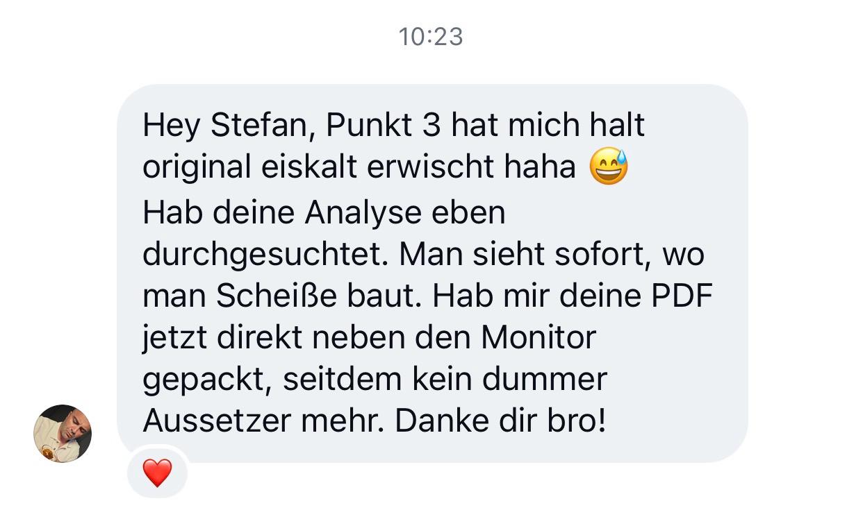 Instagram-Nachricht von elegant_murat mit der Kundenrezension zur Trading-Diagnose