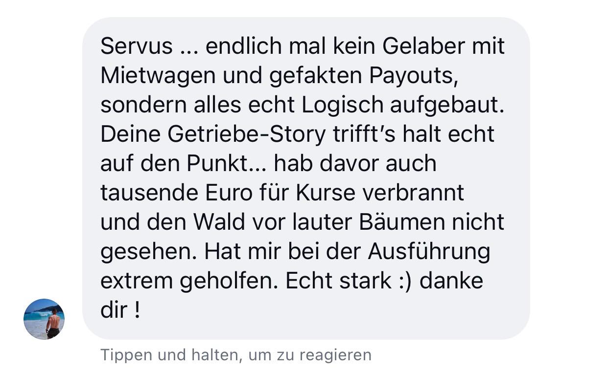 Instagram-Nachricht von racemax92 mit der Kundenrezension zur Trading-Diagnose